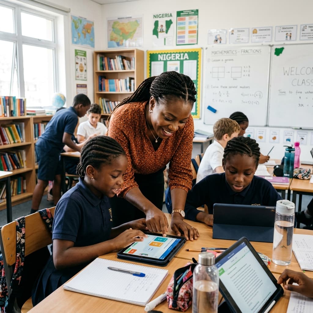 Teacher assisting students with tablets